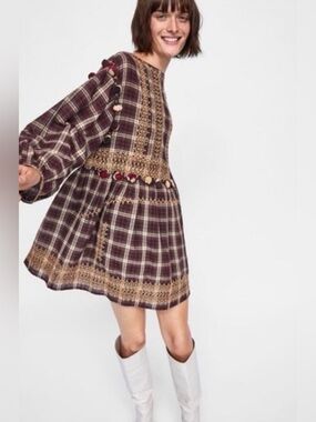 Zara Plaid Peasant Mini Pom Dress with Embroidered Trim - Burgundy Size M #1250